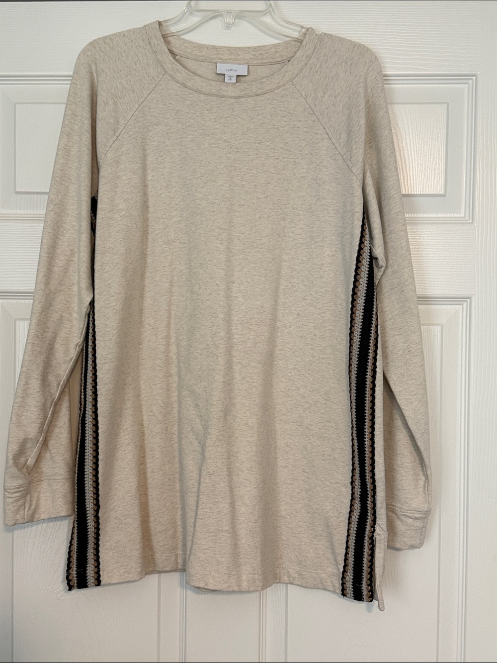J Jill Cozy Neutral Crewneck Sweater with Black/Gray/Beige crocheted detail.